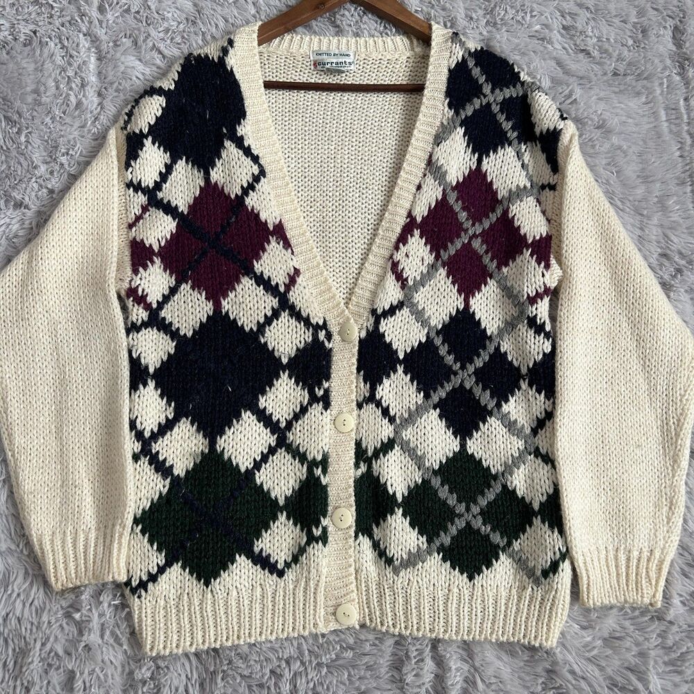 Vintage Cardigan Sweater Womens Large Argyle Buttons Granola Preppy Boho Granola